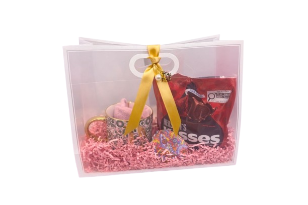 Romantic Transparent Gift Bag with Premium Ceramic Mug (Gold Handle), Hershey’s Kisses, Pocket Mirror Keychain & Pink Kiss-Print Socks | Elegant Valentine’s Day Gift for Her