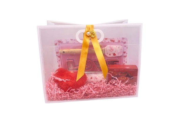 Romantic Transparent Gift Bag with Red Plush Heart, Lindt Chocolates, Love Keepsake & Stylish Accessories | Elegant Valentine’s Day Gift for Her