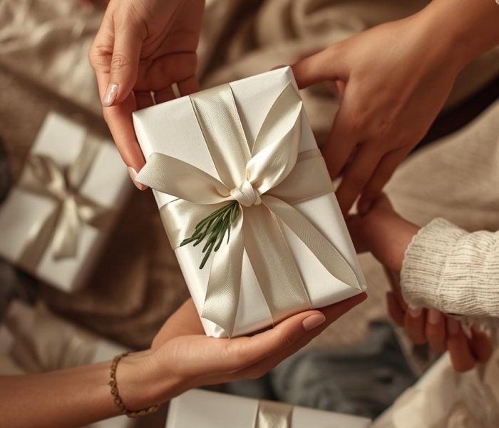 people hands giving gifts white and creamish packing